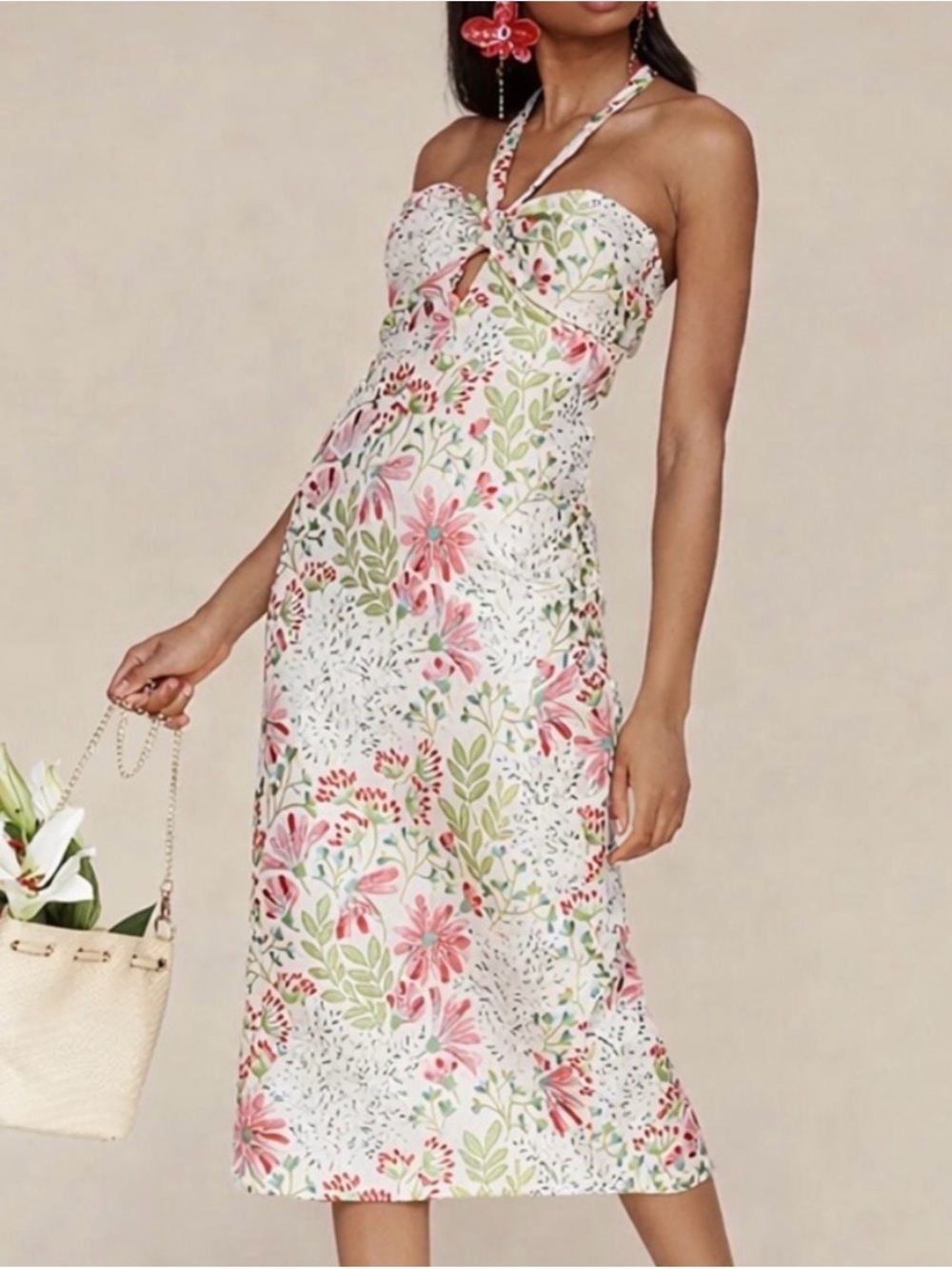 Floral Halter Midi Dress in White and Pink